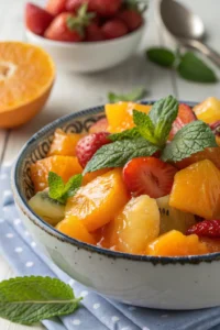 A delicious plate of macedonia di frutta con succo di arancia e menta