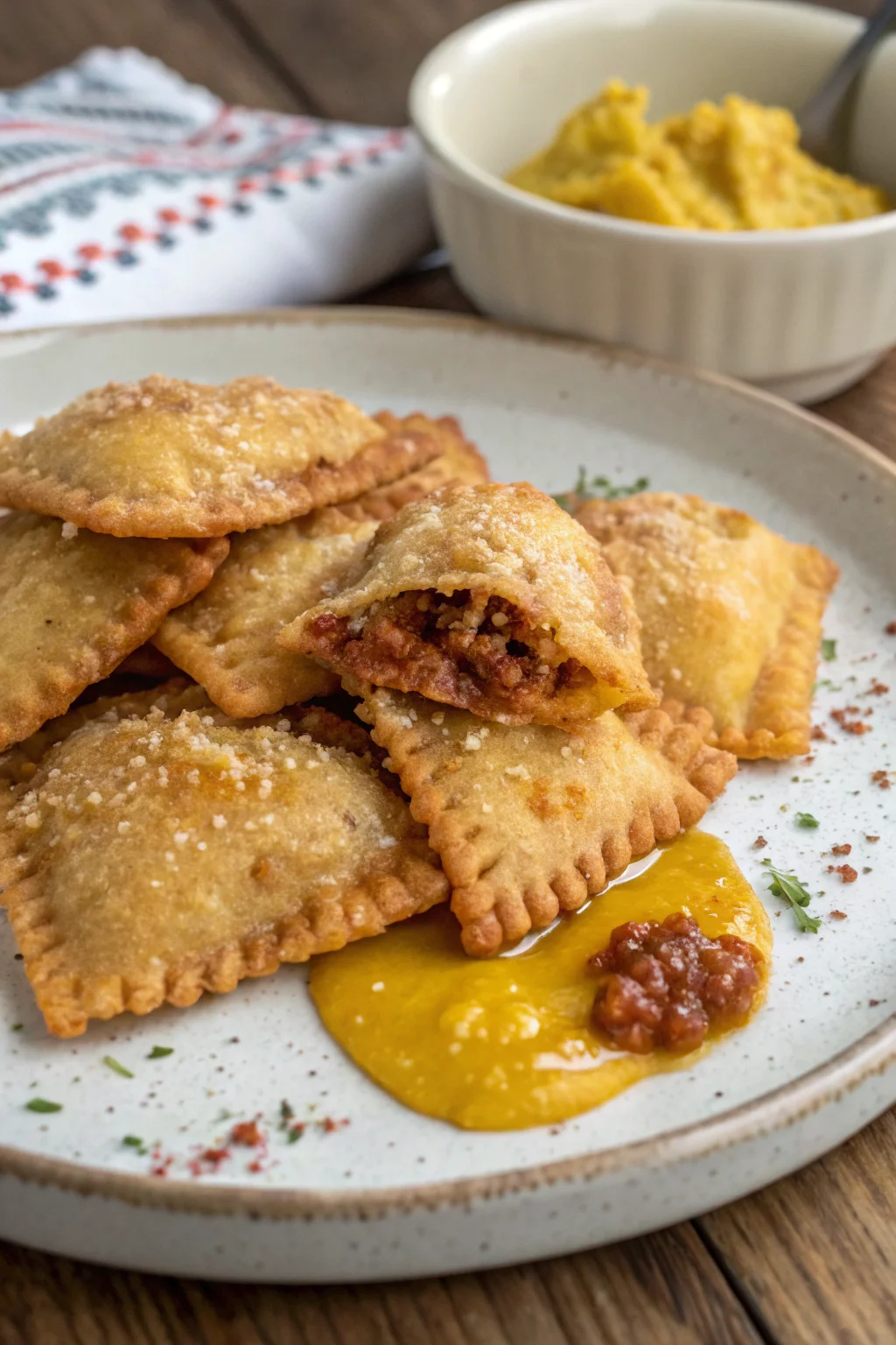raviole fritte bolognesi con mostarda 1 A delicious plate of raviole fritte bolognesi con mostarda