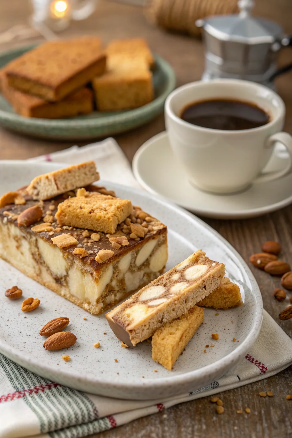 A delicious plate of mattonella dolce con biscotti secchi e caffè