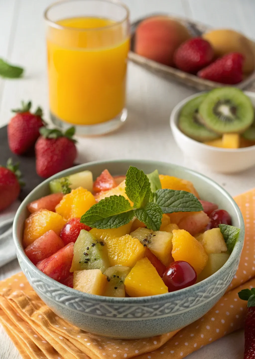 A delicious plate of macedonia di frutta con succo di arancia e menta