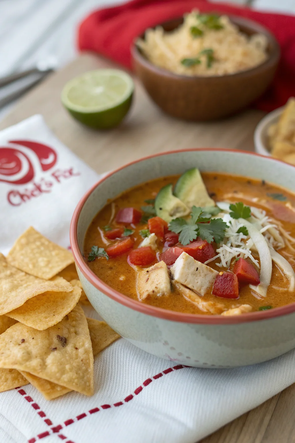 A delicious plate of Zuppa di Tortilla di Pollo in Stile Chick-fil-A