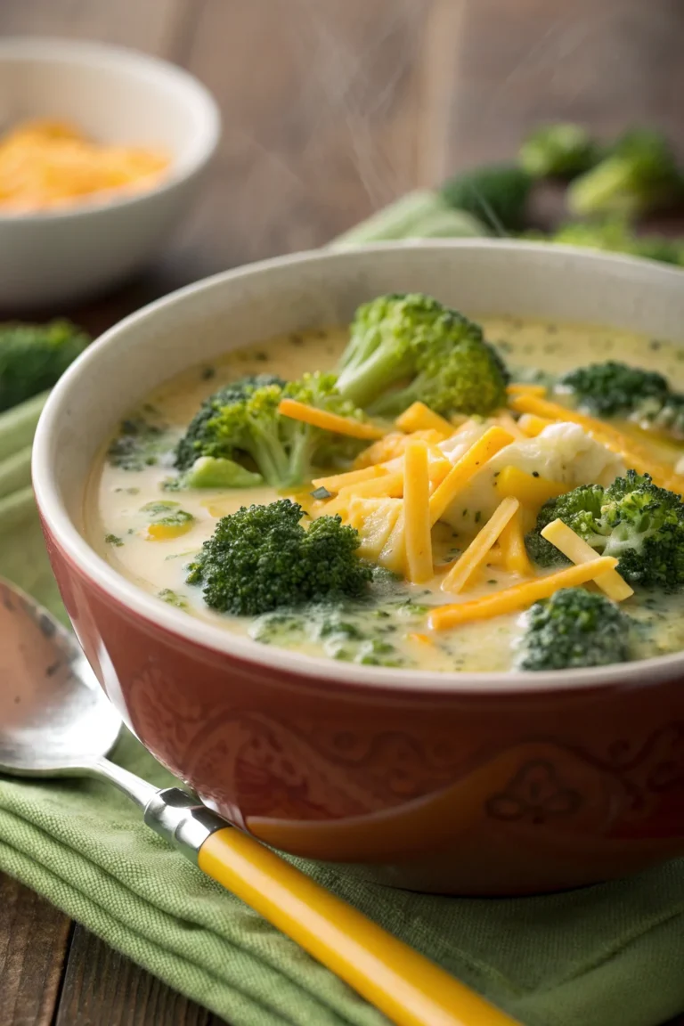 A delicious plate of Zuppa di Broccoli e Cheddar ad Alto Contenuto Proteico