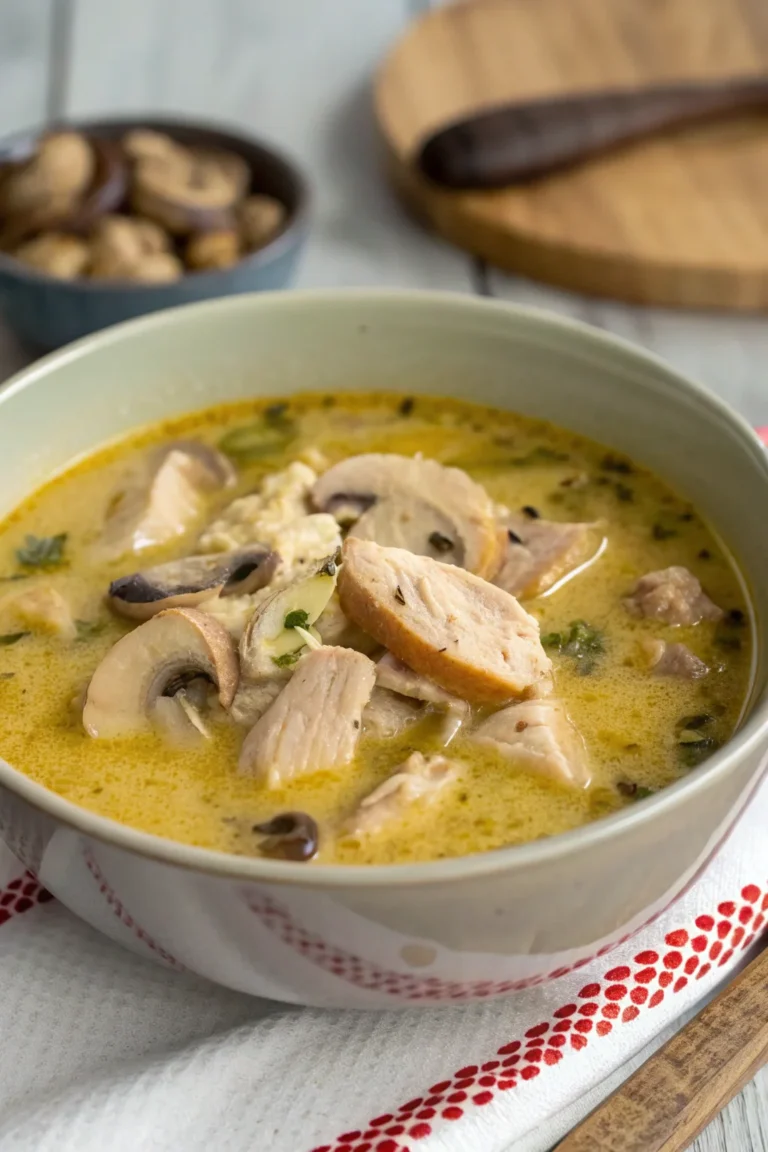 A delicious plate of Zuppa Cremosa di Pollo e Funghi