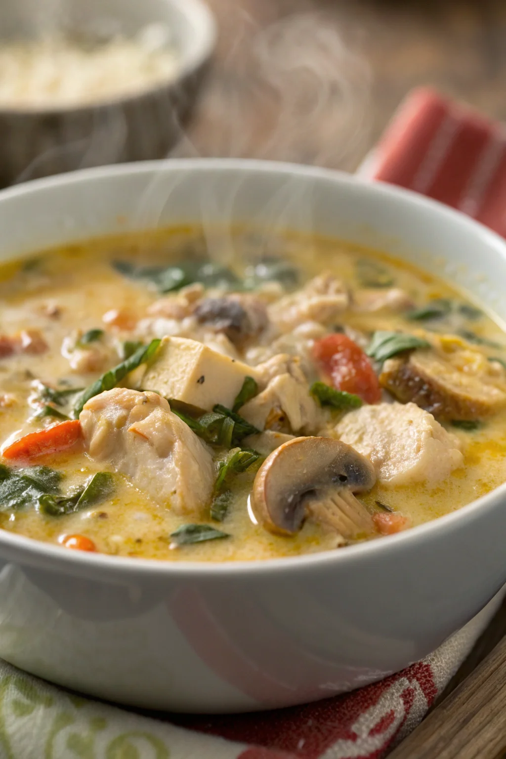 A delicious plate of Zuppa Cremosa di Pollo e Funghi