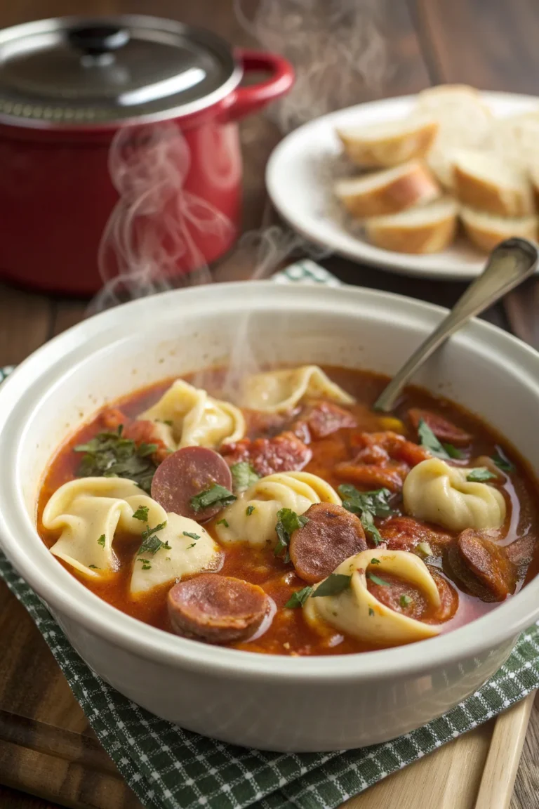 A delicious plate of Zuppa di Tortellini e Salsiccia in Pentola Lenta
