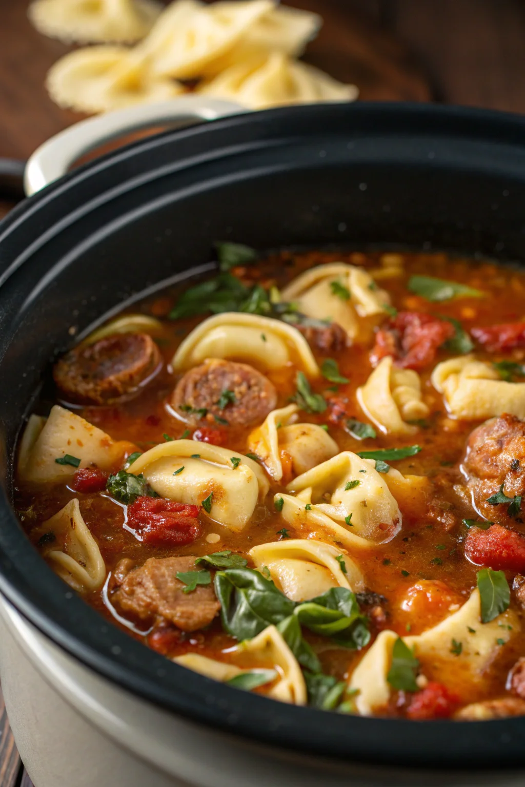 A delicious plate of Zuppa di Tortellini e Salsiccia in Pentola Lenta