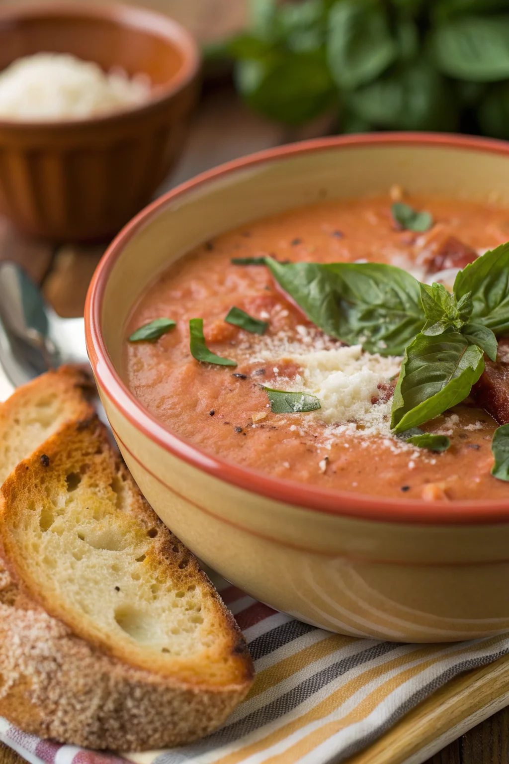 A delicious plate of Zuppa di Pomodoro Cremosa in Stile Panera