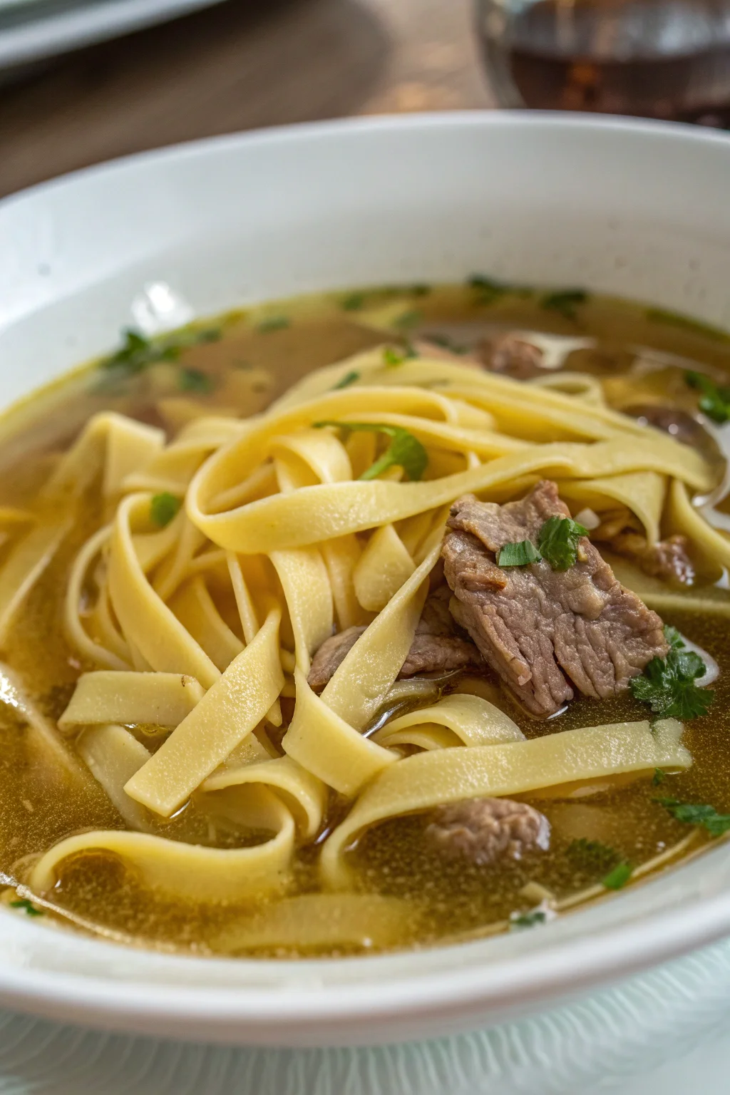 A delicious plate of Tagliatelle Cinesi Tirate a Mano in Brodo di Manzo