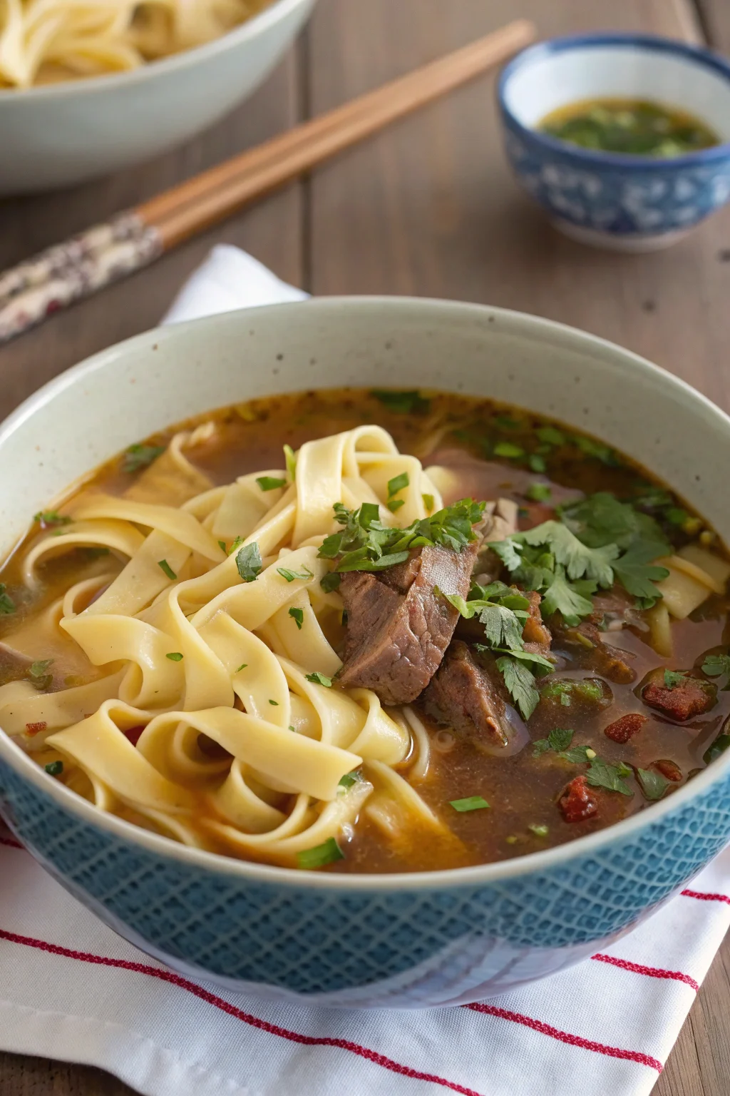 A delicious plate of Tagliatelle Cinesi Tirate a Mano in Brodo di Manzo