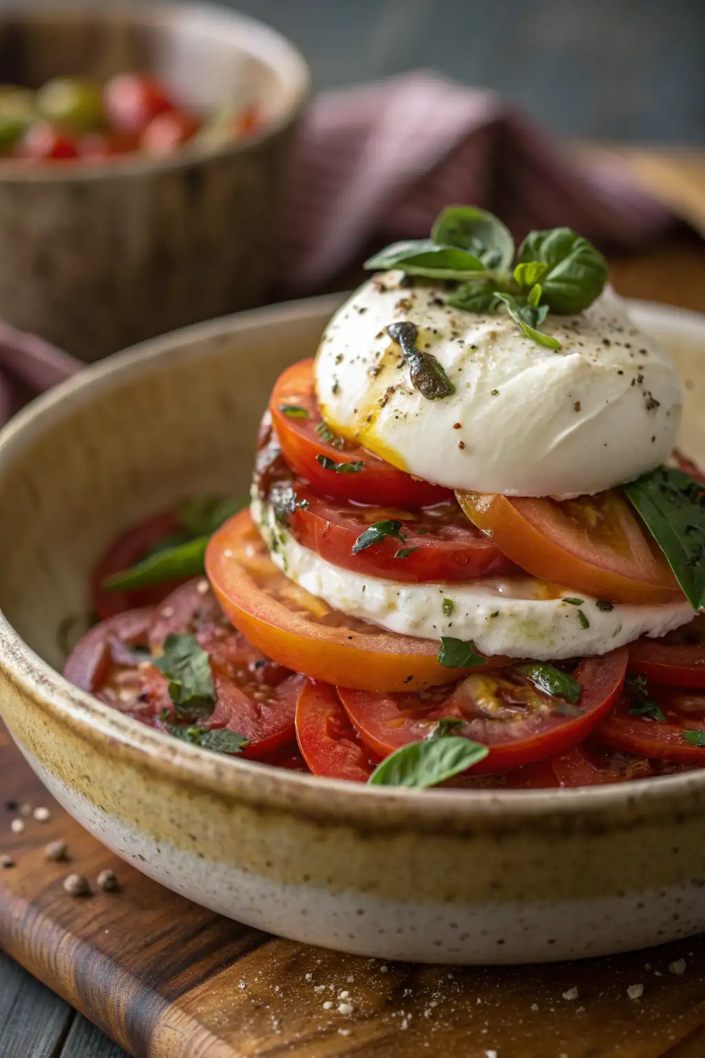 Insalata di Pomodori e Burrata a Strati 2 A delicious plate of Insalata di Pomodori e Burrata a Strati