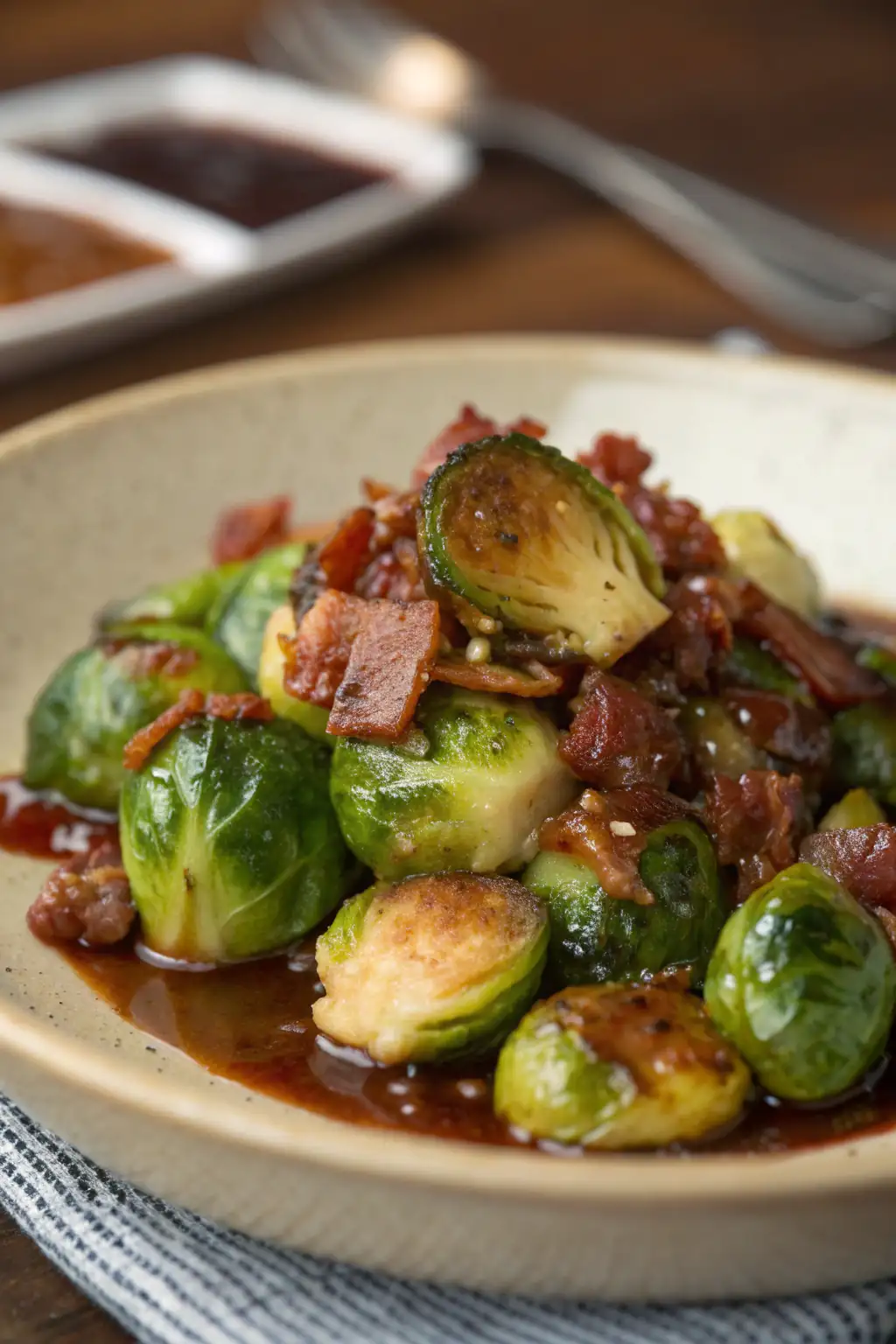 A delicious plate of Cavoletti di Bruxelles con Salsa di Pancetta