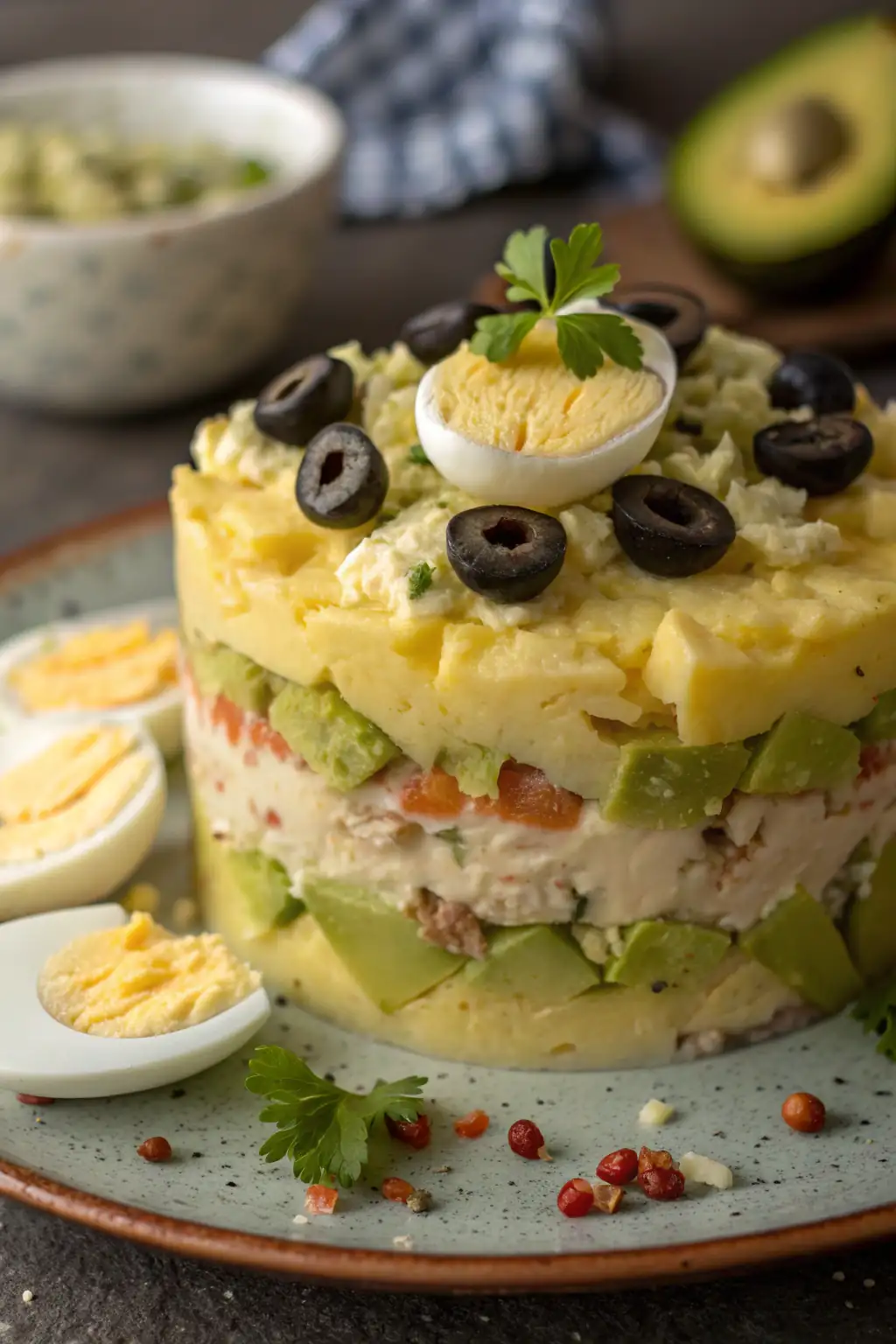 A delicious plate of Insalata di Patate e Pollo Peruviana (Causa Rellena)